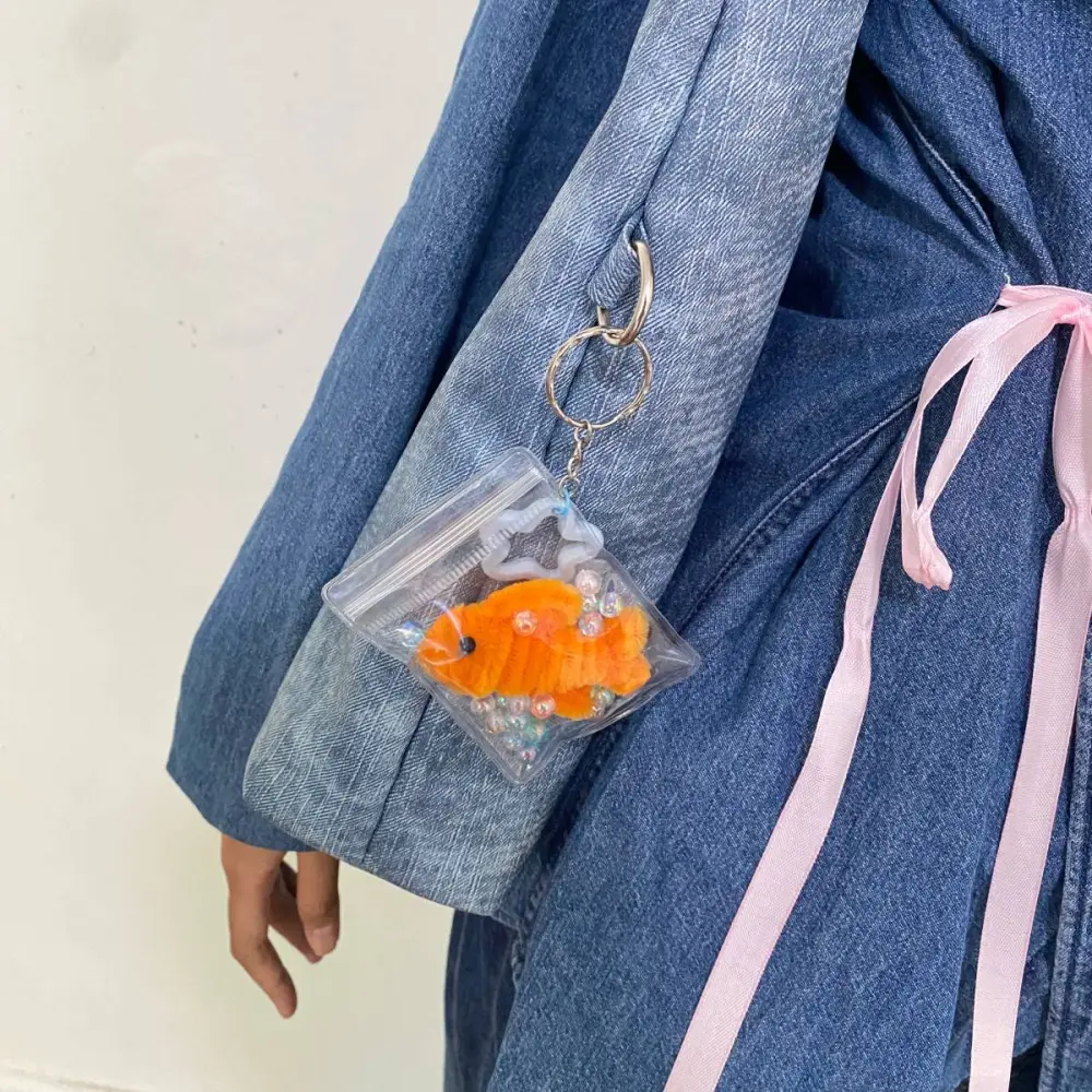 Gantungan Kunci Akuarium Mini Ikan Mas Koki Handmade Keychain Kawat Bulu Aesthetic - Foto 4